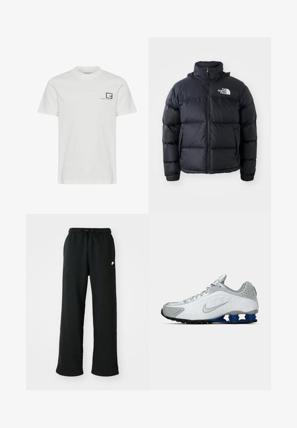 Sort dunjakke med lynlås, polstrede sektioner, høj krave og The North Face-logo på øverste venstre side. Glat tekstur, ingen synlige mønstre.; Hvid bomuld T-shirt med rund hals og korte ærmer. Har et marineblåt grafisk logo og tekst på venstre brystområde.; Sorte joggingbukser lavet af blødt stof, med elastisk talje og justerbar snøring samt et lille logoakcent på siden.; Hvide og grå Nike løbesko med sølv swoosh, blå fjederlignende såleelementer og sort slidbane på en ensfarvet baggrund.