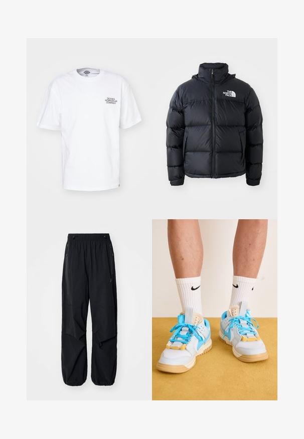 Chaqueta de plumas negra con cierre de cremallera, secciones acolchadas, cuello alto y logo de The North Face en la parte superior izquierda. Textura suave, sin patrones visibles.; Dickies GRAPHIC TEE - Camiseta estampada - white; Pantalones cargo ligeros negros con cinturilla elástica, cremalleras laterales y bolsillos amplios. Presentan un corte holgado y puños ajustados.; Zapatillas azul claro con suelas marrón, que presentan cordones turquesa prominentes y acentos amarillos. Materiales texturizados y amortiguación de aire visible.