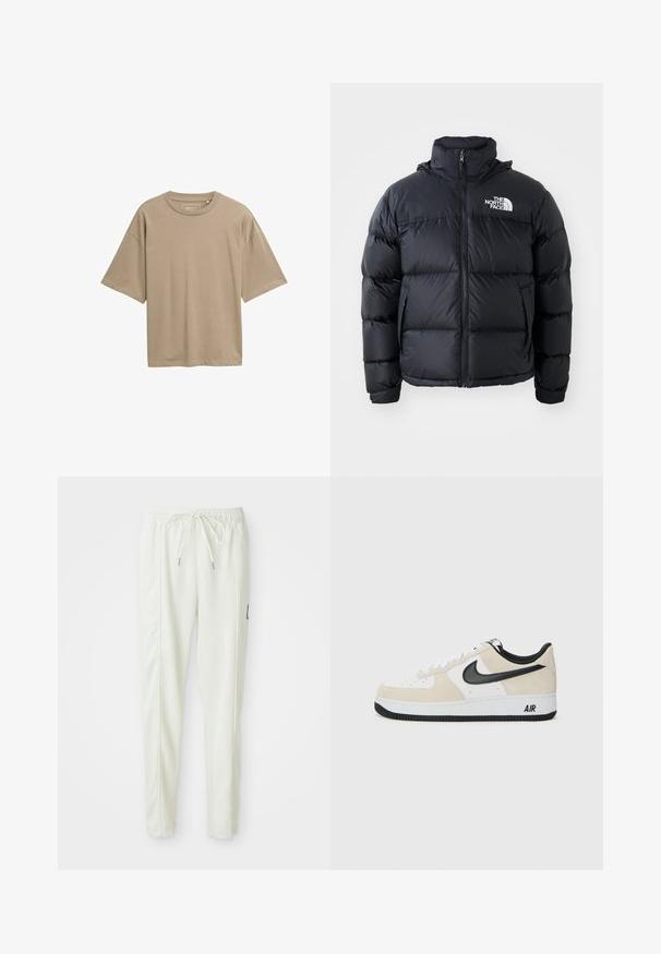 Juodas pūkinis švarkas su užtrauktuku, pagalvotomis dalimis, aukšta apykakle ir "The North Face" logotipu viršutiniame kairiajame kampe. Lygus paviršius, be matomų raštų.; Šviesiai rudas trumparankovis marškinėliai su laisvu pjaustymu, apvaliu iškirpimu ir glotnia tekstūra. Nėra matomų raštų ar aksesuarų detalių.; Baltos lieknos jogger kelnes su elastinga juosta ir raišteliu, turinčios šonines siūles ir mažą juodą emblemą dešinėje kojoje.; Batai sportui su šviesiai rudos suku ir baltos odos viršutinė dalimi, juodom Nike swoosh detalėm, juodais akcentais ir balta gumine padanga su "AIR" ženklu.