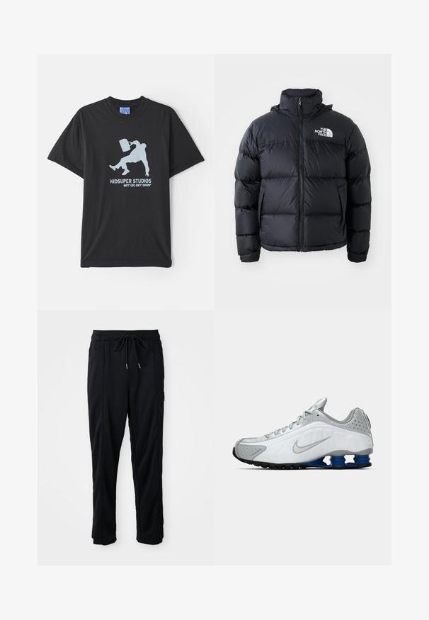 Schwarze Pufferjacke mit Reißverschluss, gepolsterten Abschnitten, hohem Kragen und dem The North Face-Logo in der oberen linken Ecke. Glatte Textur, keine sichtbaren Muster.; Schwarzes Baumwoll-T-Shirt mit kurzen Ärmeln, mit einem hellblauen Grafikdesign, das eine Person mit einem Aktentasche zeigt, sowie dem Text "KIDSUPER STUDIOS GET UP, GET GOIN'."; Schwarze lässige Hosen mit Kordelzug und seitlichen Eingrifftaschen sowie geradem Bein auf einem einfarbigen Hintergrund.; Weißer und grauer Nike-Laufschuh mit silberner Swoosh, blauen federartigen Sohlen und schwarzem Profil auf einem schlichten Hintergrund.