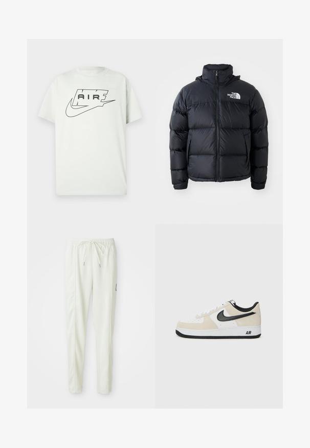 Jachetă puf neagră cu închidere prin fermoar, porțiuni umplute, guler înalt și logo-ul The North Face în partea stângă sus. Textură netedă, fără modele vizibile.; Tricou alb cu mânecă scurtă, cu logo-ul Nike Air negru, având cuvântul „AIR” în interiorul unui contur stilizat deasupra emblematicului swoosh.; Pantaloni jogger slim-fit albi, cu talie elastică și șnur, cu detalii pe cusătura laterală și o mică etichetă neagră pe piciorul din dreapta.; Tenisi cu un superior din suede bej deschis și piele albă, swoosh Nike negru, accente negre și o talpă din cauciuc albă cu marcajul "AIR".