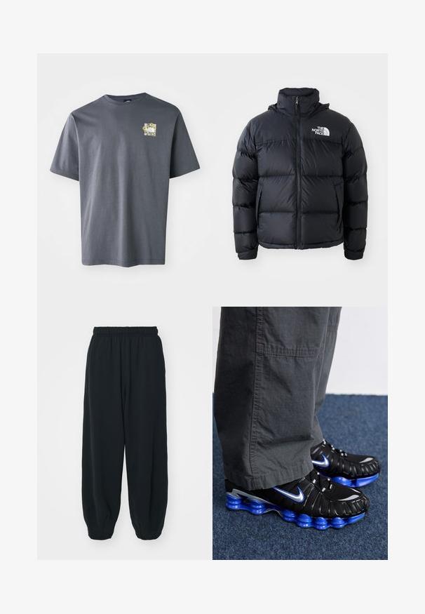 Sort dunjakke med lynlås, polstrede sektioner, høj krave og The North Face-logo på øverste venstre side. Glat tekstur, ingen synlige mønstre.; Grå kortærmet t-shirt lavet af bomuld med en lille blomster grafik på brystet. Rund hals design, blød tekstur og afslappet pasform.; Sorte svedbukser med elastisk talje, løs pasform, afsluttede ankler, glat tekstur og uden synlige mønstre eller hardware-detaljer.; Sorte sportssko med blå og sølv detaljer, der har en struktureret overdel, dristigt såldesign og snøresystem. Placeret på et blåt tæppe.