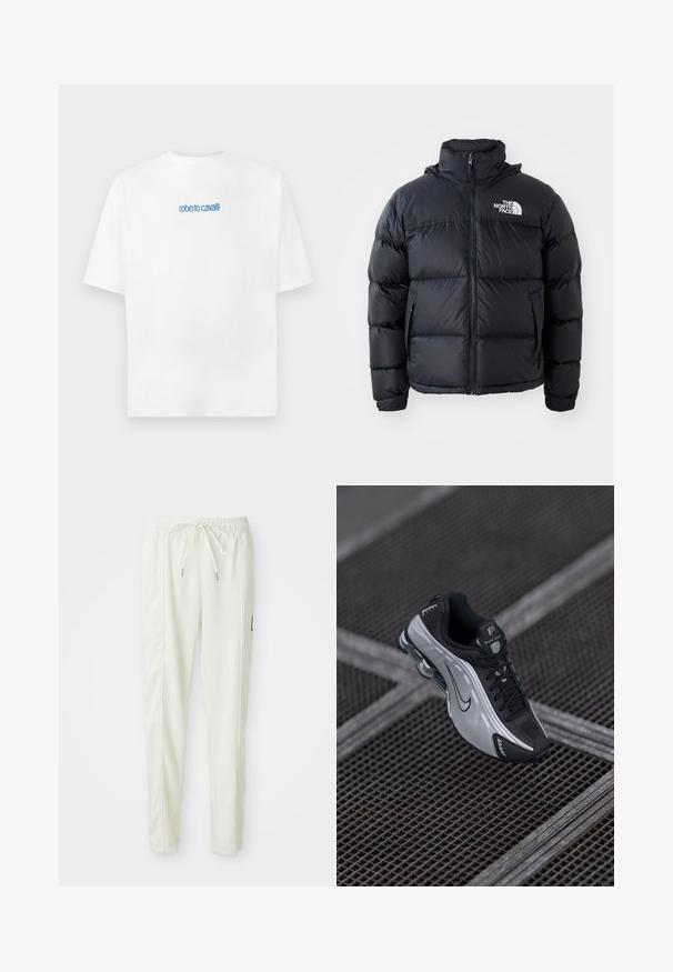 Must must vest, millettajaga, polsterdatud osadega, kõrge kraega ja The North Face logo vasakul ülaosas. Sile tekstuur, ilma nähtavate mustriteta.; Valge lühikeste varrukatega T-särk, millel on rinnal keskel väikestes sinistes tähtedes "roberto cavalli", aine on ühtlane.; Valged kitsad jooksvapüksid elastse vöökoha ja paelaga, külgseamide detailide ja väikese musta plaastriga paremal jalal.; Nike spordijalatsid, millel on must ja hõbedane disain. Valmistatud sünteetilisest materjalist, millel on võrgusilma aktsendid ja toetav tald nähtava õhkbuffriga.