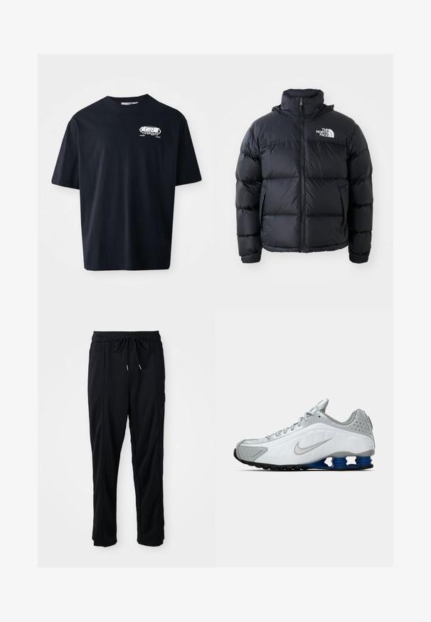 Casaco puffer preto com fecho de correr, secções acolchoadas, gola alta e o logótipo da The North Face no canto superior esquerdo. Textura suave, sem padrões visíveis.; T-shirt de algodão preto com mangas curtas, decote redondo e estampagem gráfica frontal em branco. Corte normal e textura suave. Sem padrões ou detalhes.; Calças casuais pretas com cordão na cintura, com bolsos laterais e corte reto, sobre um fundo simples.; Sapatilha de corrida Nike branca e cinza com swoosh prateado, unidades de sola azul em forma de mola e pisada preta sobre um fundo plano.