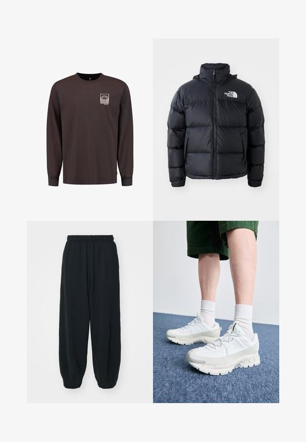 Black puffer jacket with zip closure, padded sections, high collar, and The North Face logo on the upper left. Smooth texture, no visible patterns.; Long-sleeve shirt in dark brown cotton, featuring a white printed sun and wave design on the left chest pocket area. Round neckline, straight fit.; Black, elasticated-waist sweatpants with a loose fit, cuffed ankles, smooth texture, and no visible patterns or hardware accents.; White athletic shoes with textured overlays, a chunky sole, and gray accents. Worn with white crew socks and green shorts on a blue surface.