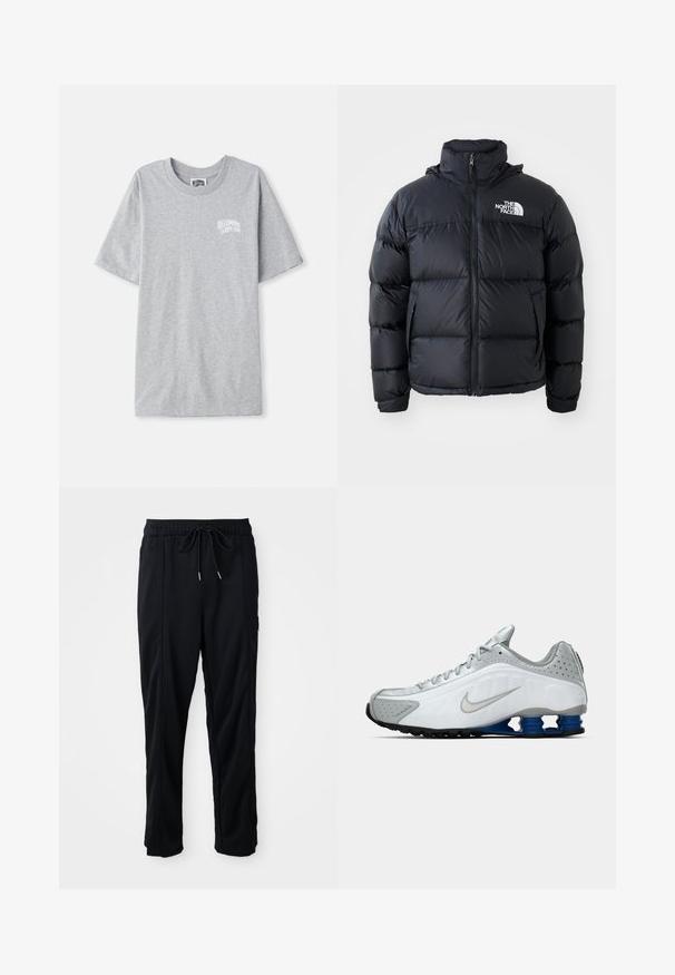 Juodas pūkinis švarkas su užtrauktuku, pagalvotomis dalimis, aukšta apykakle ir "The North Face" logotipu viršutiniame kairiajame kampe. Lygus paviršius, be matomų raštų.; Šviesiai pilka trumpomis rankovėmis marškinėliai su mažuoju baltu "Billionaire Boys Club" logotipu kairėje krūtinės pusėje.; Juodos laisvos kelnės su raišteliu liemens, šoninėmis kišenėmis ir tiesiu kirpimu ant vienodos fono.; Balti ir pilki Nike bėgimo batai su sidabriniu šaukiu, mėlynu spyruoklinio tipo pado vienetu ir juodomis padangomis ant vientiso fono.