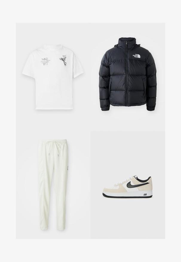 Czarna kurtka puchowa z zamkiem błyskawicznym, wypełnionymi sekcjami, wysokim kołnierzem i logo The North Face na górze po lewej stronie. Gładka faktura, bez widocznych wzorów.; Biała koszulka z bawełny z czarnym graficznym nadrukiem skrzydlatej postaci oraz tekstem, z okrągłym dekoltem i krótkimi rękawami.; Białe joggerki slim fit z elastycznym paskiem w talii i sznurkiem do regulacji, z bocznymi przeszyciami oraz małą czarną naszywką na prawej nogawce.; Sneakers z jasnobeżowym zamszem i białą skórzaną cholewką, czarnym logo Nike, czarnymi akcentami i białą gumową podeszwą z logo "AIR".