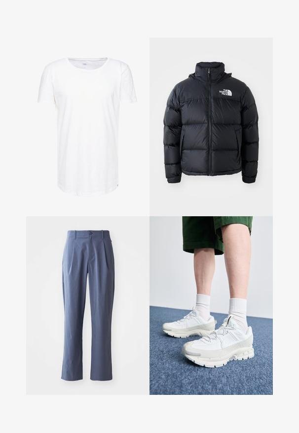 Melna pūkaina jaka ar rāvējslēdzēju, iešūtiem posmiem, augstu apkakli un The North Face logotipu kreisajā augšējā stūrī. Gluda tekstūra, bez redzamām rakstu zīmēm.; Balts, īsām piedurknēm t-krekls, kas izgatavots no mīkstas kokvilnas auduma. Tam ir apaļa kakla izgriezuma forma un brīvs piegriezums ar nelielu zīmola etiķeti apakšmalā.; Tumši zili bikses ar ieplēm, taisna griezuma, izgatavotas no viegla auduma, ar vienu pogu priekšpusē un jostu cilpiņām.; Baltas sporta apavi ar teksturētām detaļām, masīvu zoli un pelēkiem akcentiem. Valkāti ar baltiem zeķu pēdu apģērbiem un zaļām šortiem uz zilas virsmas.