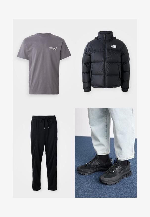 Doudoune noire avec fermeture éclair, sections rembourrées, col montant et logo The North Face en haut à gauche. Texture lisse, sans motifs visibles.; T-shirt en coton gris avec un col ras du cou et des manches courtes, avec le logo blanc "Witopia" imprimé sur la partie gauche de la poitrine.; Pantalons décontractés noirs à taille à cordon de serrage avec poches latérales et coupe droite sur fond uni.; Des chaussures de sport noires avec un tissu texturé et des semelles en caoutchouc, dotées de lacets élastiques et d'un accent bleu au talon. Portées avec un pantalon en denim clair.