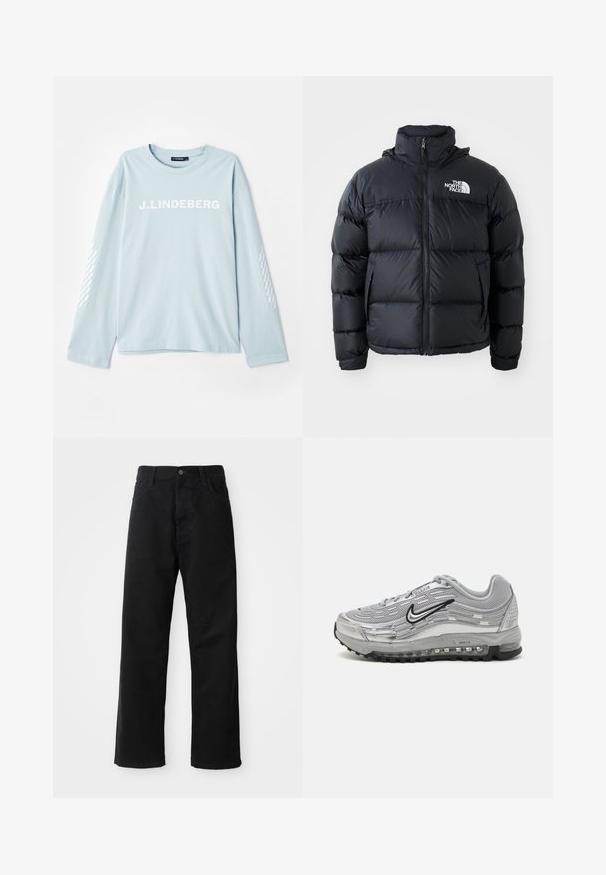 Czarna kurtka puchowa z zamkiem błyskawicznym, wypełnionymi sekcjami, wysokim kołnierzem i logo The North Face na górze po lewej stronie. Gładka faktura, bez widocznych wzorów.; Jasnoniebieska koszulka z długim rękawem, wykonana z miękkiego materiału, z białym logo "J. Lindeberg" z przodu oraz wzorzystym akcentem na rękawach.; Czarne dżinsy o prostym kroju, z przednimi kieszeniami, zamkiem błyskawicznym i pojedynczym guzikem z przodu. Teksturowana tkanina o matowym wykończeniu.; Szare sneakersy Nike Air Max z siateczkowym i syntetycznym wierzchem, falistym wzorem, czarnymi akcentami oraz widoczną jednostką poduszkową powietrza.