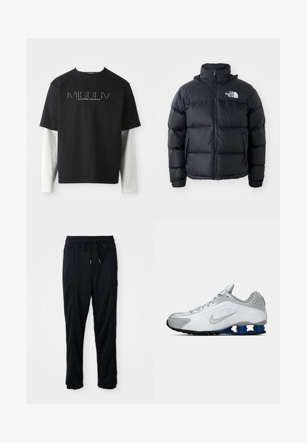 Schwarze Pufferjacke mit Reißverschluss, gepolsterten Abschnitten, hohem Kragen und dem The North Face-Logo in der oberen linken Ecke. Glatte Textur, keine sichtbaren Muster.; Schwarzes kurzärmliges T-Shirt, das über weißen Langarmshirts getragen wird, mit dem MISBHV Club Wear Solutions-Logo zentral auf der Brust.; Schwarze lässige Hosen mit Kordelzug und seitlichen Eingrifftaschen sowie geradem Bein auf einem einfarbigen Hintergrund.; Weißer und grauer Nike-Laufschuh mit silberner Swoosh, blauen federartigen Sohlen und schwarzem Profil auf einem schlichten Hintergrund.