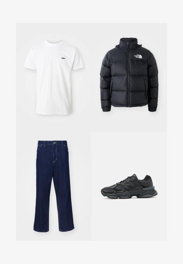 Melna pūkaina jaka ar rāvējslēdzēju, iešūtiem posmiem, augstu apkakli un The North Face logotipu kreisajā augšējā stūrī. Gluda tekstūra, bez redzamām rakstu zīmēm.; Balta kokvilnas T-krekls ar īsām piedurknēm un apaļu kakla izgriezumu, ar mazu melnu "OBEY" logo kreisajā krūšu pusē.; Tumši zili džinsi ar taisna kāju dizainu, ar gaišiem šuvju elementiem un priekšējo pogu aizdari. Gluda tekstūra.; Melna skriešanas apavi ar jauktu acu audumu un sintētiskiem materiāliem, masīvu zoli, izliekta dizaina elementiem un izteiktu zīmola logotipu uz sāniem.