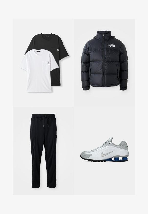 Black puffer jacket with zip closure, padded sections, high collar, and The North Face logo on the upper left. Smooth texture, no visible patterns.; Two t-shirts displayed: one black and one white, both with short sleeves and a small chest pocket. Logos featured on the pocket.; Black drawstring waist casual pants with side seam pockets and straight leg cut on a plain background.; White and gray Nike running shoe with silver swoosh, blue spring-like sole units, and black tread on a plain background.