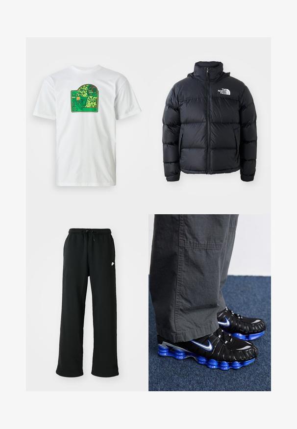 Melna pūkaina jaka ar rāvējslēdzēju, iešūtiem posmiem, augstu apkakli un The North Face logotipu kreisajā augšējā stūrī. Gluda tekstūra, bez redzamām rakstu zīmēm.; Balts kokvilnas T-krekls ar zaļu shēmu grafiku, kurā ir sarežģītas formas, sarkanas akcenti un slāņu dizaina elements.; Melnas sporta bikses, kas izgatavotas no mīksta auduma, ar elastīgu vidukli un regulējamu auklu, kā arī mazu logotipa akcentu sānos.; Melni sporta apavi ar ziliem un sudraba akcentiem, ar teksturētu augšdaļu, drosmīgu zoles dizainu un auklu sistēmu. Novietoti uz zila paklāja.