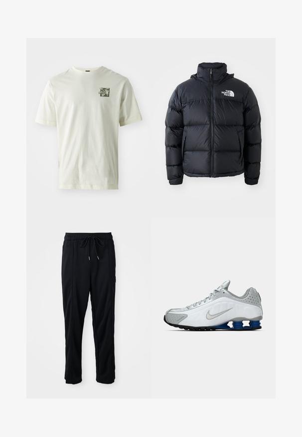 Fekete pufi dzseki cipzárral, párnázott részekkel, magas gallérral és a The North Face logóval a bal felső részen. Sima textúra, látható minták nélkül.; Krém színű pamut póló, zöld grafikai nyomattal a bal mellrészen, klasszikus kerek nyakkivágással és rövid ujjakkal.; Fekete húzózsinóros, kényelmes nadrág oldalsó varrású zsebekkel és egyenes szabással, egyszínű háttéren.; Fehér és szürke Nike futócipő ezüst swoosh-sal, kék rugós talprészekkel és fekete talppal egy sima háttér előtt.