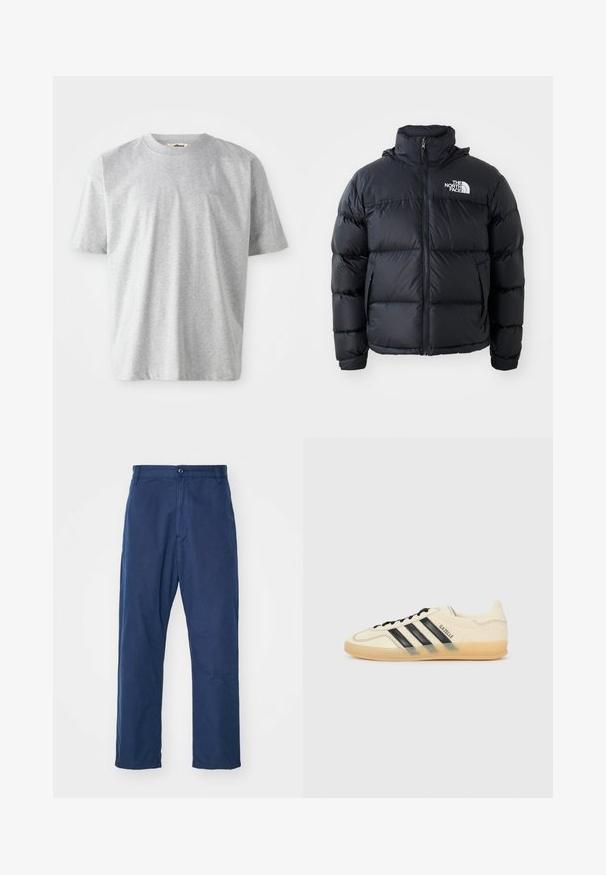 Črna puffy jakna z zadrgo, blazinastimi sekcijami, visokim ovratnikom in logotipom The North Face na zgornji levi strani. Gladka tekstura, brez vidnih vzorcev.; Siva kratka majica z dolgimi rokavi iz mehkega blaga. Ima okrogel izrez in diskretan logotip izvezen na sprednji strani.; Morske modre hlače ravnega kroja iz bombažnega materiala. Imajo sprednji gumb za zapiranje in subtilno teksturo, s stranskimi žepi in zadnjimi zankami za pas.; Svetlo kremne teniske z vzorcem črnih treh črt, teksturirano zgornji del, okroglo konico in gumijast podplat. Imajo vezalke in blagovno znamko na strani.