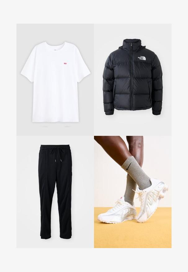 Must must vest, millettajaga, polsterdatud osadega, kõrge kraega ja The North Face logo vasakul ülaosas. Sile tekstuur, ilma nähtavate mustriteta.; Valge puuvillane T-särk lühikeste varrukatega ja ümmarguse kaelusega. Vasakul rinnal on väike punane Levi'si logo. Lame disain, ilma mustrita.; Mustad nööridega vööga igapäevased mustad püksid, külgseamipocketid ja sirge sääre lõikega, ühtlasel taustal.; Nike tenisijad valgetes toonides, hõbedaste aktsentidega, tekstureeritud paneelide ja perforatsioonidega. Koos hallide ribadega sokkidega, kollasel taustal.