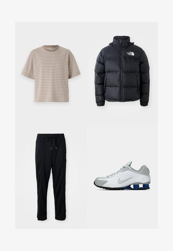 Doudoune noire avec fermeture éclair, sections rembourrées, col montant et logo The North Face en haut à gauche. Texture lisse, sans motifs visibles.; T-shirt à manches courtes rayé dans des tons beiges, col rond, en tissu doux, coupe décontractée, avec des rayures horizontales alternant entre des teintes claires et sombres.; Pantalons décontractés noirs à taille à cordon de serrage avec poches latérales et coupe droite sur fond uni.; Baskets de course Nike blanches et grises avec un swoosh argenté, des semelles en forme de ressort bleues et une semelle noire sur fond uni.