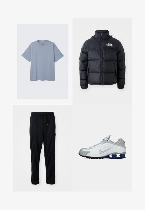 Giacca a vento nera con chiusura a zip, sezioni imbottite, collo alto e logo The North Face in alto a sinistra. Tessuto liscio, senza motivi visibili.; T-shirt azzurro chiaro a maniche corte realizzato in cotone morbido, con scollatura rotonda e vestibilità comoda; presenta dettagli di cucitura minimi.; Pantaloni casual neri con elastico in vita, tasche laterali e taglio dritto su uno sfondo uniforme.; Scarpa da corsa Nike bianca e grigia con swoosh argento, unità suola blu a molla e battistrada nero su uno sfondo semplice.