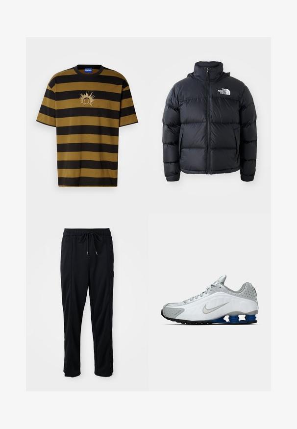 Jachetă puf neagră cu închidere prin fermoar, porțiuni umplute, guler înalt și logo-ul The North Face în partea stângă sus. Textură netedă, fără modele vizibile.; Tricou cu mânecă scurtă în dungi, de culoare neagră și verde închis, având un grafic cu soare și brandul "HUGO" brodat în crem.; Pantaloni casual negri cu șnur la talie, cu buzunare laterale și croială dreaptă, pe un fundal simplu.; Pantoflă de alergare Nike albă și gri, cu swoosh argintiu, unități de talpă de tip arc albastru și apăsare neagră, pe un fundal simplu.