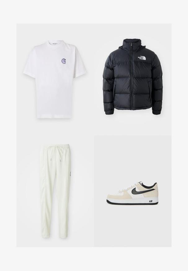 Zwarte pufferjack met ritssluiting, gewatteerde secties, hoge kraag en het North Face-logo op de bovenste linkerzijde. Gladde textuur, geen zichtbare patronen.; Wit katoenen T-shirt met korte mouwen, ronde hals en een klein, geborduurd blauw "C"-logo op het linker borstgebied.; Witte slim-fit joggerbroek met elastische tailleband en trekkoord, met details aan de zijnaad en een klein zwart label op het rechterbeen.; Sneakers met een lichtbeige suède en witte leren bovenkant, zwarte Nike swoosh, zwarte accenten en een witte rubberen zool met "AIR" branding.