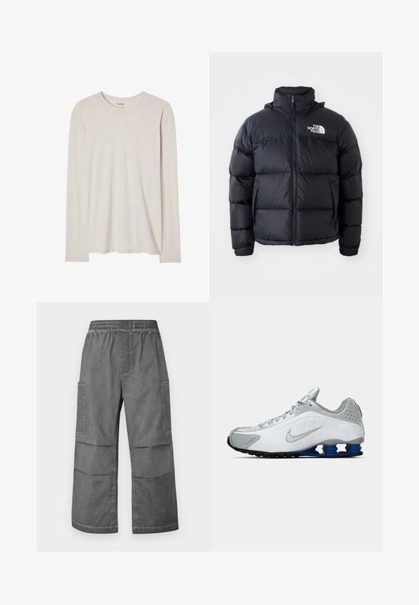 Melna pūkaina jaka ar rāvējslēdzēju, iešūtiem posmiem, augstu apkakli un The North Face logotipu kreisajā augšējā stūrī. Gluda tekstūra, bez redzamām rakstu zīmēm.; Beidzis ilgaru piedurkņu T-krekls, izgatavots no mīksta auduma. Tam ir apaļa kakla izgriezums un taisna apakšdaļa, bez redzamām rakstainām vai rotājumiem.; Pelēki kravas bikses ar elastīgu jostu, divām sānu kabatām un brīvu, platu kāju dizainu. Audumam ir teksturēta, krokota izskats.; Balti un pelēki Nike skriešanas apavi ar sudraba swoosh, zila atsperīga zole un melna zole uz vienkārša fona.