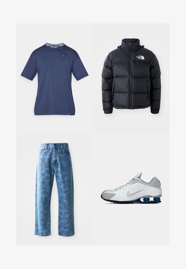 Doudoune noire avec fermeture éclair, sections rembourrées, col montant et logo The North Face en haut à gauche. Texture lisse, sans motifs visibles.; T-shirt en coton bleu marine à manches courtes, doté d'un col rond avec une bande de texte "Just Do It" et d'un logo brodé sur la poitrine.; Jean en denim bleu clair avec un motif floral ton sur ton subtil, coupe large, design à cinq poches et fermeture à bouton à la taille.; Baskets de course Nike blanches et grises avec un swoosh argenté, des semelles en forme de ressort bleues et une semelle noire sur fond uni.