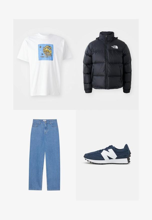 Melna pūkaina jaka ar rāvējslēdzēju, iešūtiem posmiem, augstu apkakli un The North Face logotipu kreisajā augšējā stūrī. Gluda tekstūra, bez redzamām rakstu zīmēm.; Balts kokvilnas T-krekls ar zilu grafisko apdruku stilizētam kartei ar dzelteniem akcentiem un melniem burtiem, uz kuriem rakstīts "carhartt WORK IN PROGRESS".; Gai zili džinsi ar taisnu piegriezumu, piecu kabatu dizainu, vienu pogu aizdari un diskrētu šuvju detaļu.; Jūras zila sportiskā apavi ar baltu logo, zamša un acu augšdaļa, ar mīkstu apkakli, plakaniem šņores un strukturētu melnu gumijas zoli.