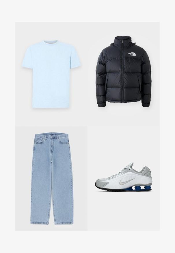 Fekete pufi dzseki cipzárral, párnázott részekkel, magas gallérral és a The North Face logóval a bal felső részen. Sima textúra, látható minták nélkül.; Világoskék pamut póló rövid ujjakkal és kerek nyakkivágással. A szövetnek finom textúrája van, látható minták vagy grafikák nélkül.; Világoskék farmernadrág egyenes szárú kivitelben, közepes derékkal, öt zsebbel, gombos és cipzáros záródással.; Fehér és szürke Nike futócipő ezüst swoosh-sal, kék rugós talprészekkel és fekete talppal egy sima háttér előtt.