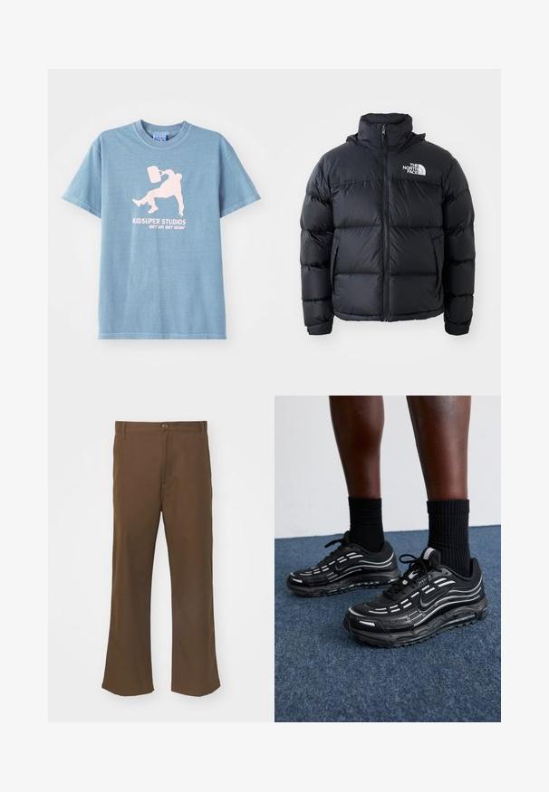 Black puffer jacket with zip closure, padded sections, high collar, and The North Face logo on the upper left. Smooth texture, no visible patterns.; Light blue cotton t-shirt with a crew neckline, short sleeves, and a printed graphic in pink featuring a person holding a bucket.; Brown flared trousers made of smooth fabric with a button closure, featuring front pockets and straight seams along the legs.; Black Nike shoes feature a mesh upper with accent stripes, textured lacing, and a black rubber sole. Worn with black ribbed socks.