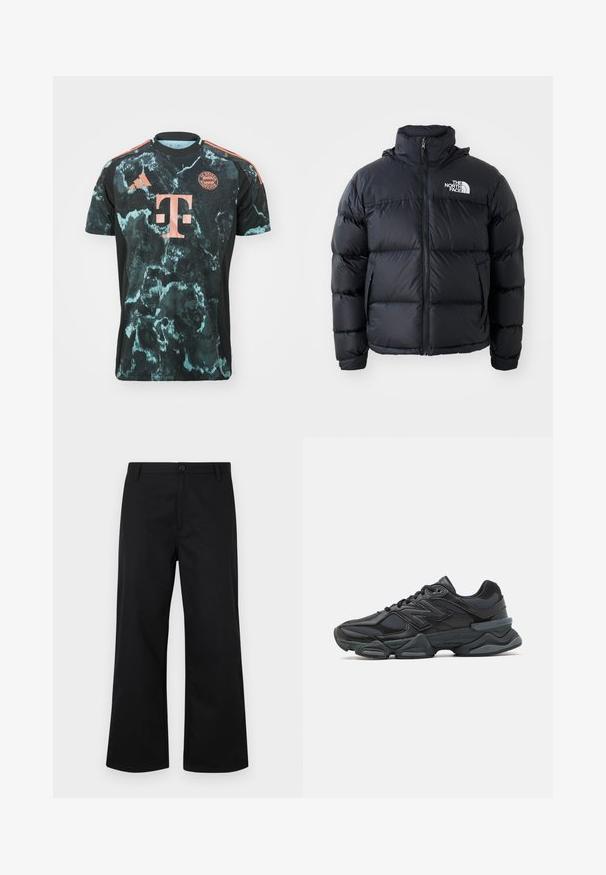 Crna puffer jakna s zatvaračem na sprijedu, podstavljenim dijelovima, visokim ovratnikom i logotipom The North Face na gornjoj lijevoj strani. Glatka tekstura, bez vidljivih uzoraka.; Crna majica kratkih rukava s uzorkom mramorne plave i sive boje, s koraljnim naglascima i okruglim logom FC Bayern München na prsima.; Crne, široke hlače od glatke tkanine. Imaju zatvaranje na dugme sprijeda i standardni pojas. Minimalistički dizajn, bez vidljivih uzoraka.; Crne trkačke tenisice izrađene od kombinacije mrežastih i sintetičkih materijala, s debelim potplatom, zakrivljenim dizajnom i istaknutim brendom sa strane.