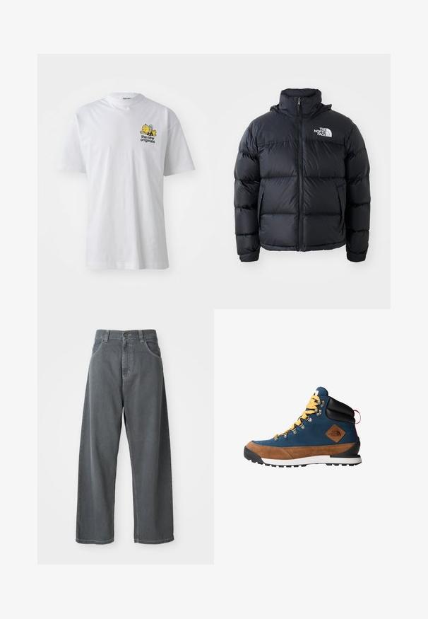 Melna pūkaina jaka ar rāvējslēdzēju, iešūtiem posmiem, augstu apkakli un The North Face logotipu kreisajā augšējā stūrī. Gluda tekstūra, bez redzamām rakstu zīmēm.; Balta kokvilnas t-kreklā, ar īsām piedurknēm, apaļu kakla izgriezumu un krāsainu izšuvumu ar bišu un tekstu uz krūtīm.; Pelēki džinsa platā kāja bikses ar augsto vidukli, ar priekšējām kabatām, jostas cilpām un pogu aizdari jostas vietā.; Tūrisma apavi ar tumši zilu audumu un brūnu zamšādas akcentiem. Iezīmējas ar dzeltanām auklām, metāla acīm, gumijas zoli un logo uzlīmi.