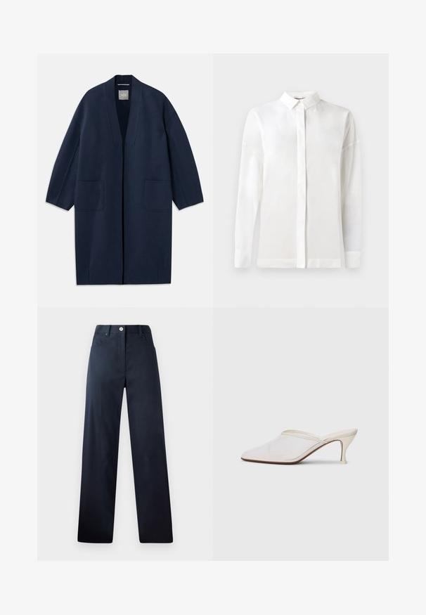 Marineblauwe lange jas met een losse pasvorm, wijde mouwen, V-hals en twee voorzakken. Gemaakt van een gladde, gestructureerde stof.; Witte langemouwen shirt met een geknoopte kraag, gladde textuur, rechte snit en een verborgen knopenlijst. Zachte, lichtgewicht stof zonder patronen.; Donkerblauwe broek met een recht aangesloten ontwerp, gemaakt van zachte stof. Bevat voorzakken, een knoopsluiting en subtiele stikdetails.; Witte mesh puntige muiltjes met een slanke hak van middelgrote hoogte en een slip-on ontwerp, tegen een effen achtergrond.