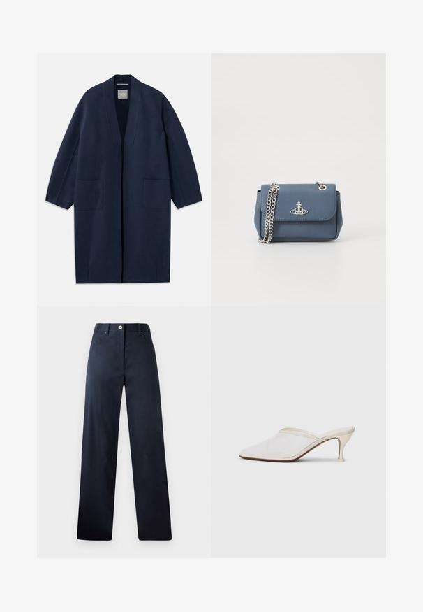 Manteau long bleu marine avec une coupe ample, des manches larges, un décolleté en V et deux poches avant. Fabriqué en tissu lisse et texturé.; Chemise blanche à manches longues avec un col boutonné, texture lisse, coupe droite et patte de boutonnage cachée. Tissu doux et léger sans motifs.; Pantalon bleu marine foncé avec une coupe droite, fabriqué en tissu lisse. Comprend des poches avant, une fermeture à bouton et des détails de couture subtils.; Mule blanches en mesh avec un bout pointu, un talon moyen élancé et un design à enfiler, sur un fond uni.; Sac à main en faux cuir texturé bleu avec une bandoulière en chaîne argentée et un accent de logo à l'avant. Fermeture à cliquet avec un design à rabat.