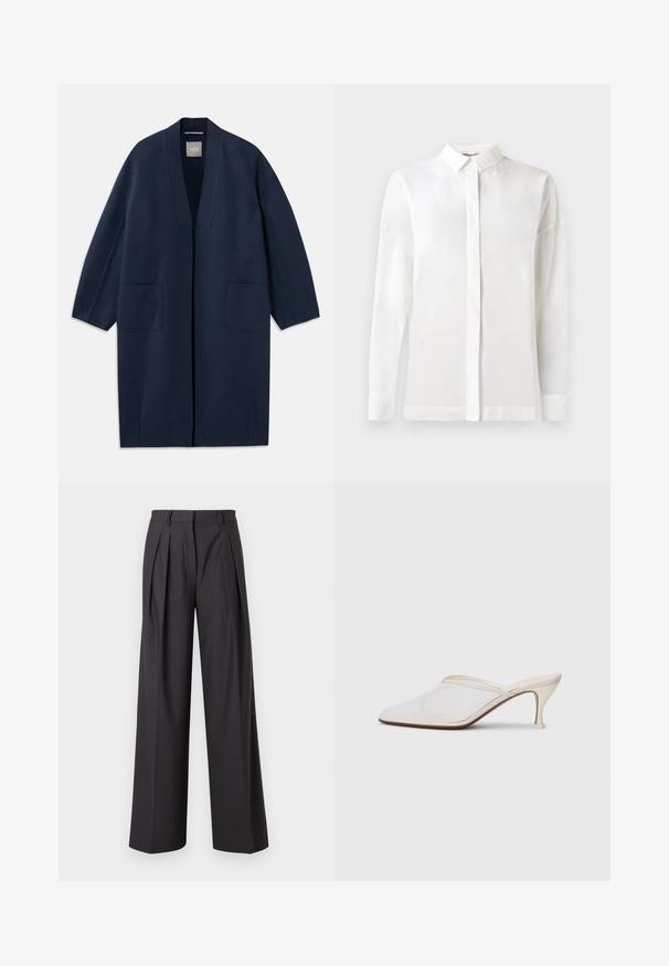 Tumesinine pikk jakk, millel on lahtine lõige, laiad varrukad, V-kaelus ja kaks esikot. Valmistatud siledast, tekstuuriga kangast.; Valge pika varrukaga särk nupulisoe kraega, sileda tekstuuri, sirge lõike ja peidetud nööpide rida. Pehme, kerge kangas ilma mustriteta.; Laia püksid tumerohelisest kangast, mis on varustatud ees olevate volditega, sujuva tekstuuri, keskmise kõrgusega vöökohaga ja vöölukkudega.; Valge võrkmaterjalist teravatoa mulli king, millel on peen keskmise kõrgusega konts ja libisev disain, tühjal taustal.