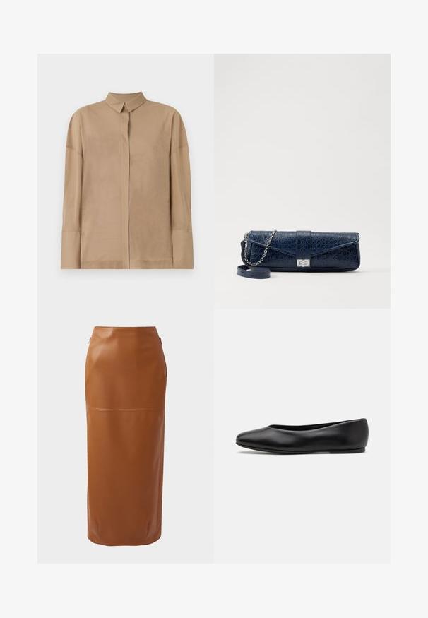 Mørkeblå lang frakke med løs pasform, brede ærmer, V-hals og to forlommer. Lavet af et glat, struktureret stof.; Beige langærmet skjorte i letvægtsstof med klassisk krave, skjult knaplukning og subtile stikninger på ærmerne.; Brun læder midi-skørt med en tætsiddende silhuet, sidelukninger og en glat overflade. Har en vandret sømdetalje nær kanten.; Paul Smith TOPANGA - Ballerinasko - black; Mørkeblå læder clutch med krokodilleskin, sølv kædesti og metallisk lukning. Firkantet form med fold-over design.