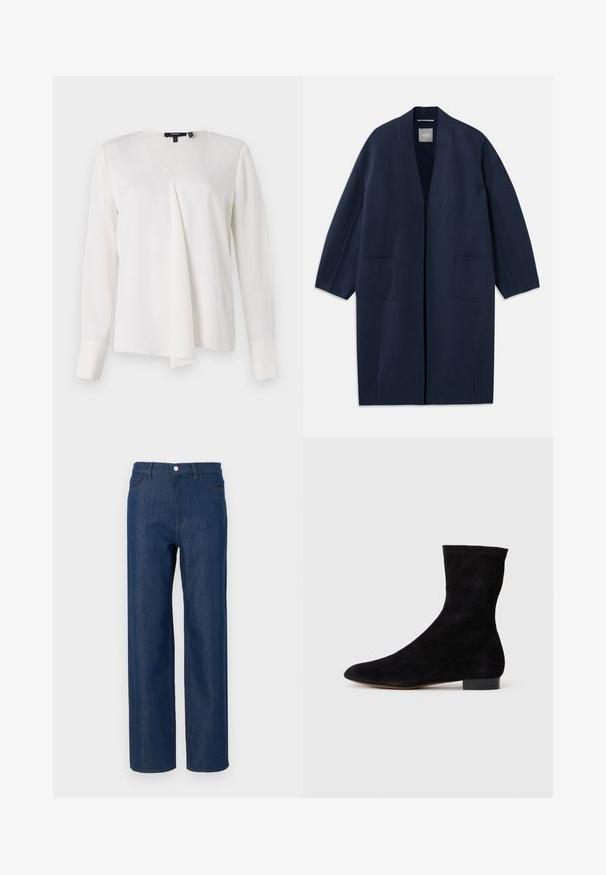 Tumesinine pikk jakk, millel on lahtine lõige, laiad varrukad, V-kaelus ja kaks esikot. Valmistatud siledast, tekstuuriga kangast.; Valge pikakä sleeves pluus V-kaelusega disainiga, drapeeritud eesosa, sile tekstuur ja struktureeritud mansetid. Lihtne ja mitmekülgne stiil.; Tumed sinised teksad sirge lõikega, viie-tasku disain, hõbedane nööpkinnitus ja peened õmblustead on taskutel.; Musthave mustan nahast pahkluu saabas, millel on kitsas vars, terav nina ja madal plokk-konts. Pehme tekstuur ja minimalistlik disain, sobib mitmekesiseks stiliseerimiseks.