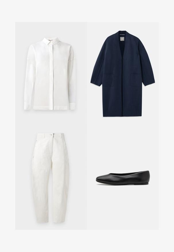 Cappotto lungo blu navy dal taglio morbido, con maniche ampie, scollo a V e due tasche anteriori. Realizzato in un tessuto liscio e strutturato.; Camicia bianca a maniche lunghe con colletto bottonato, tessuto liscio, taglio dritto e patta nascosta. Tessuto morbido e leggero senza fantasie.; Pantaloni di cotone bianchi con vestibilità rilassata, dotati di chiusura con bottone, tasche laterali e dettagli di cucitura discreti lungo le cuciture.; Paul Smith TOPANGA - Ballerine - black