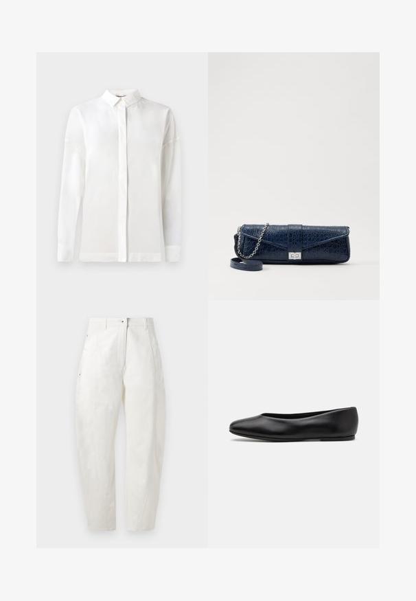 Tummansininen pitkä takki, jossa on vapaa istuvuus, leveät hihat, V-pääntie ja kaksi etutaskua. Valmistettu sileästä, teksturoidusta kankaasta.; Valkoinen pitkähihaiset paita, jossa on nappien kanssa kiinnitettävä kaulus, sileä pinta, suora leikkaus ja piilotettu nappilista. Pehmeää, kevyttä kangasta ilman kuvioita.; Valkoiset puuvillahousut, joissa on rento malli, napilla suljettavat, sivutaskut ja huomaamaton ompelu havaittavissa saumoissa.; Paul Smith TOPANGA - Ballerinat - black; Navy sininen nahkakukkarokotelo, jossa on krokotiilinumero, hopeaketjuolkapanta ja metallilukko. Suorakulmainen muoto taitettavalla designilla.