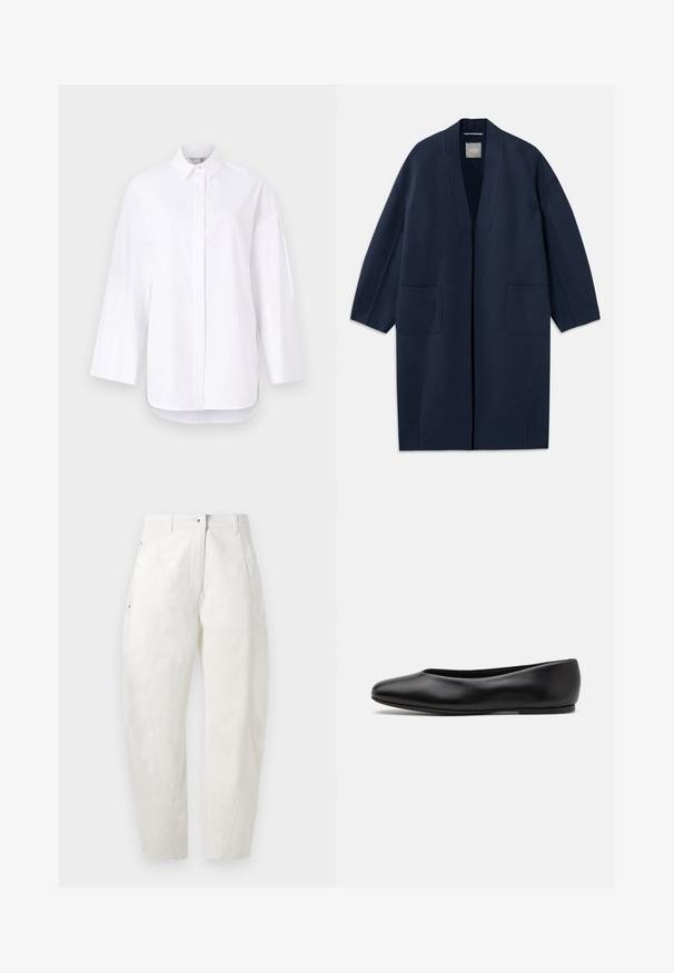 Casaco longo azul marinho com um corte solto, mangas largas, decote em V e dois bolsos frontais. Feito de um tecido liso e texturizado.; Camisa branca de botão, feita de algodão suave, com colarinho clássico, mangas longas com punhos e uma bainha reta com cortes laterais.; Calças de algodão brancas com um corte relaxado, apresentando fecho de botão, bolsos laterais e detalhes de costura subtis ao longo das costuras.; Paul Smith TOPANGA - Sabrinas - black