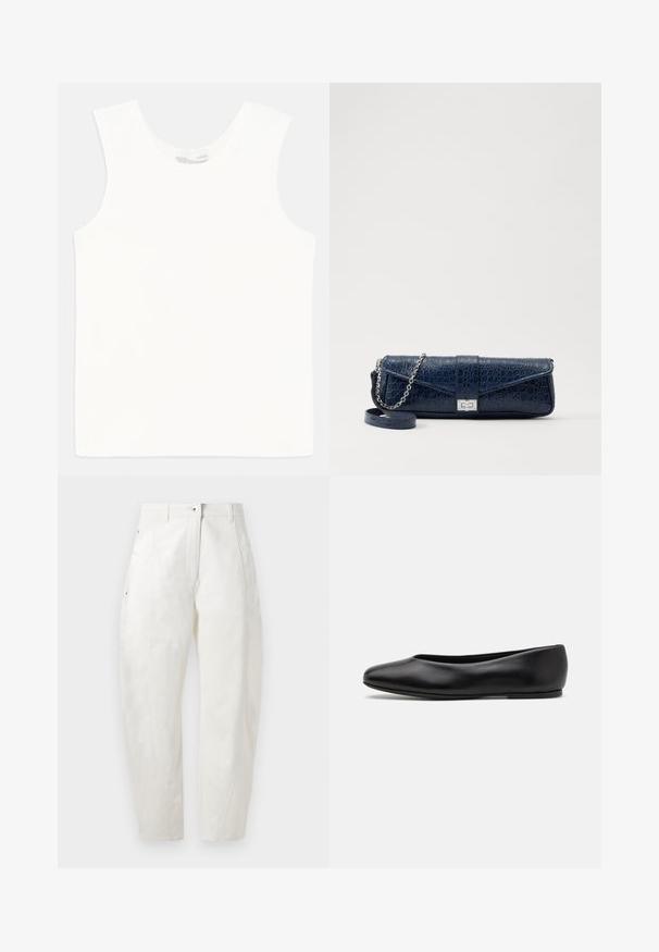 Navy blue long coat with a loose fit, wide sleeves, V-neckline, and two front pockets. Made of a smooth, textured fabric.; White sleeveless tank top made of ribbed fabric, featuring a crew neck and straight hem. Simple design with no additional embellishments.; White cotton trousers with a relaxed fit, featuring a button closure, side pockets, and subtle stitching details along the seams.; Paul Smith TOPANGA - Ballet pumps - black; Navy blue leather clutch with a crocodile texture, silver chain strap, and metallic clasp. Rectangular shape with foldover design.