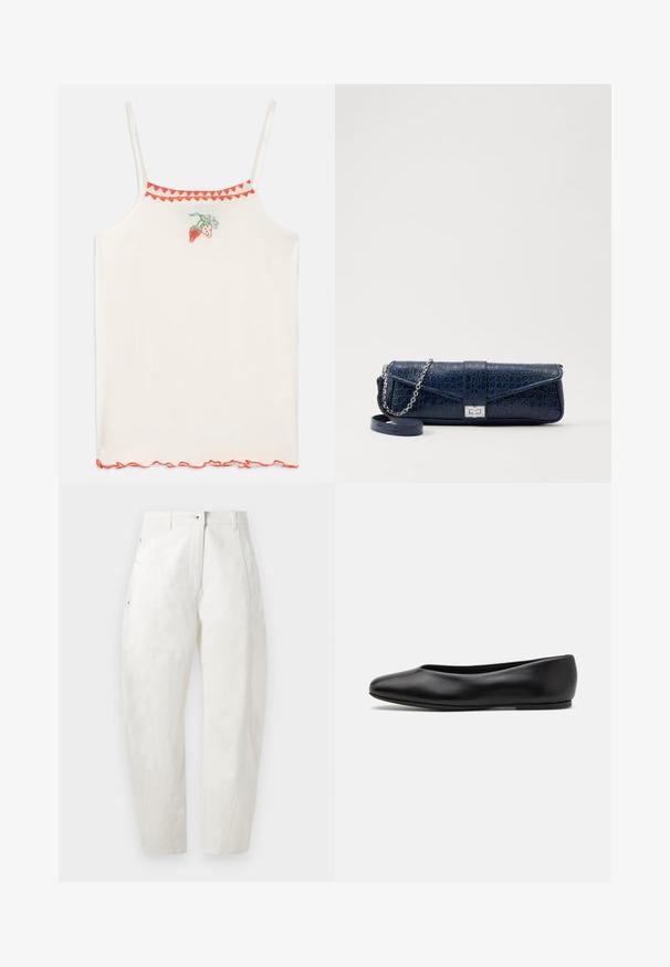 Mornariće plavi dugi kaput s labavim krojem, širokim rukavima, V-izrezom i dva prednja džepa. Izrađen od glatkog, teksturiranog materijala.; Bijela majica bez rukava s tankim naramenicama, ukrašena crvenim izvezenim jagodama i valovitim crvenim rubom duž izreza i donjeg ruba.; Bijele pamučne hlače slobodnog kroja, s kopčanjem na dugme, bočnim džepovima i suptilnim detaljima šivanja uz šavove.; Paul Smith TOPANGA - Balerinke - black; Navy plava kožna torbica s teksturom krokodila, srebrni lančić i metalni zatvarač. Pravokutnog oblika s preklopnim dizajnom.