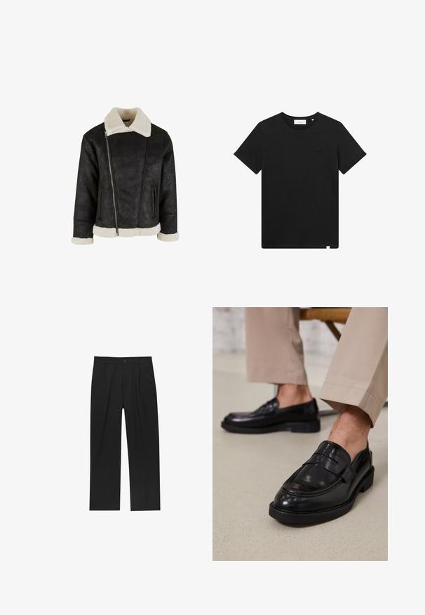 Črna jakna iz umetnega usnja s kremasto umetno ovčjo krzno ovratnikom in manšetami, z diagonalnim zadrgo in stranskimi žepi. Preprost, skrajšan dizajn.; Črn kratkolasasti T-majica iz bombaža z okroglim izrezom in majhnim logotipom vezenim na prsih. Gladka tekstura, standardna prileganja.; Črne hlače z ravnim krojem, narejene iz gladkega materiala. Imajo sprednje gube in enojno zaponko na pasu.; Črne usnjene loafer čevlje z gladko površino, ki imajo okrasno zaponko in kontrastno šivanje, v kombinaciji s bež hlačami.