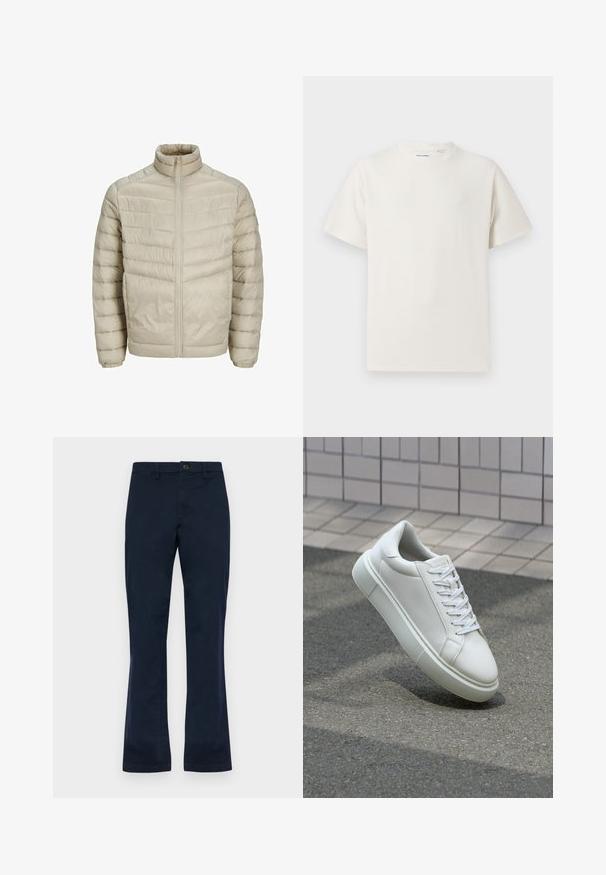 Helebeež puffer-jakk, millel on seisva krae, vertikaalne tikandikujundus, eespoolne tõmblukk ja elastsed mansetid. Sile, läikiv tekstuur.; Valge lühikeste varrukatega T-särk ribakudumises. Ümar kaelus, mugav lõige, nähtavad mustrid ega aksessuaarid puuduvad. Lihtne ja mitmekesine disain.; Tumed sinise puuvillased püksid sirge sääre disainiga, millel on ees nuppude sulgemine, vöörihmade augud ja kaks külgtaskut. Sile tekstuur.; Valge nahkline sneka, millel on sile pind, ümar varvas ja lame valge pael. Omab tekstuuriga kummist talla ja minimaalset kujunduselementi.