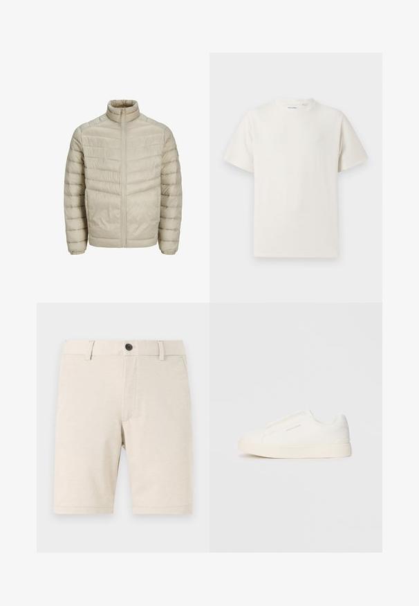 Light beige puffer jacket with a stand collar, vertical quilted design, front zip closure, and elasticized cuffs. Smooth, shiny texture.; White short-sleeve T-shirt in a ribbed texture. Round neckline, relaxed fit, no visible patterns or accents. Simple and versatile design.; Beige shorts made of lightweight fabric, featuring a front button closure, belt loops, and a smooth texture. Hemline is straight.; White slip-on sneakers with a textured surface, a thick sole, and minimalistic design. Features brand logo on the side.