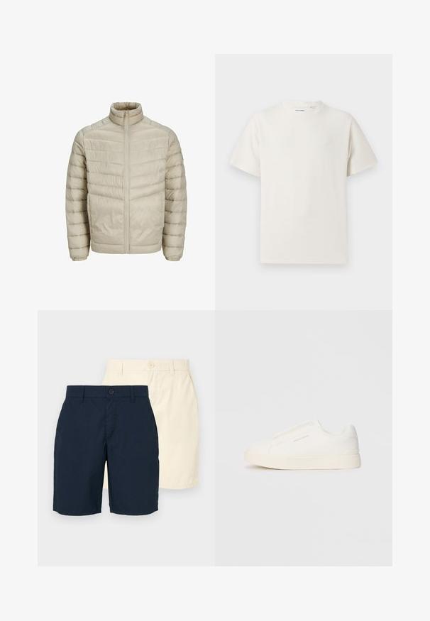 Light beige puffer jacket with a stand collar, vertical quilted design, front zip closure, and elasticized cuffs. Smooth, shiny texture.; White short-sleeve T-shirt in a ribbed texture. Round neckline, relaxed fit, no visible patterns or accents. Simple and versatile design.; Two pairs of shorts: one navy blue and one light beige. Both have a straight cut, button closure, and smooth, lightweight fabric.; White slip-on sneakers with a textured surface, a thick sole, and minimalistic design. Features brand logo on the side.