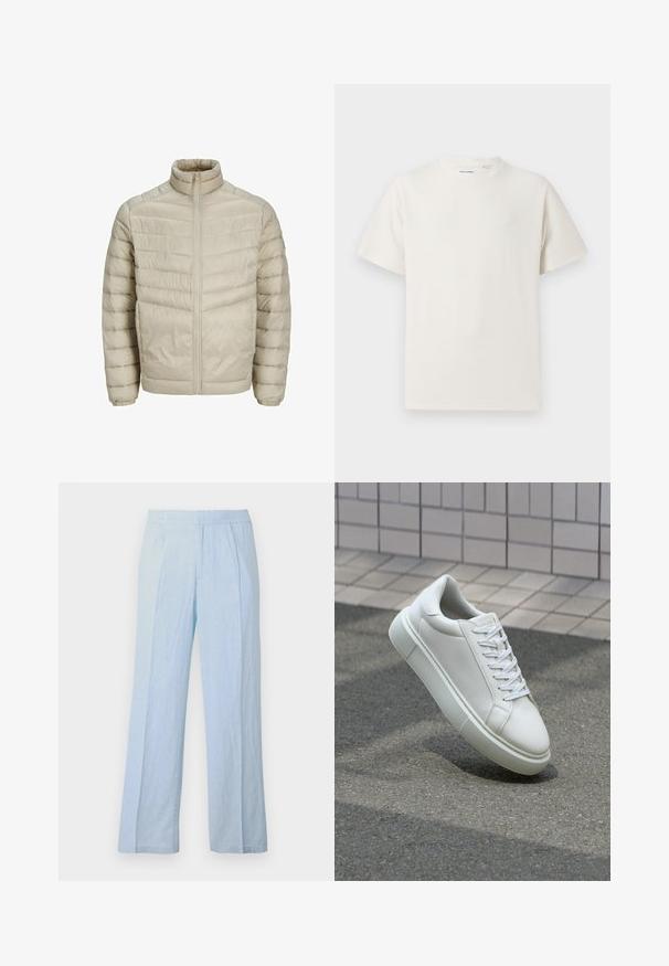 Light beige puffer jacket with a stand collar, vertical quilted design, front zip closure, and elasticized cuffs. Smooth, shiny texture.; White short-sleeve T-shirt in a ribbed texture. Round neckline, relaxed fit, no visible patterns or accents. Simple and versatile design.; Light blue, wide-leg trousers in soft fabric with a ribbed texture and an elastic waistband, featuring front pleats and a relaxed fit.; White leather sneaker with a smooth surface, round toe, and flat white laces. Features a textured rubber sole and minimal design elements.