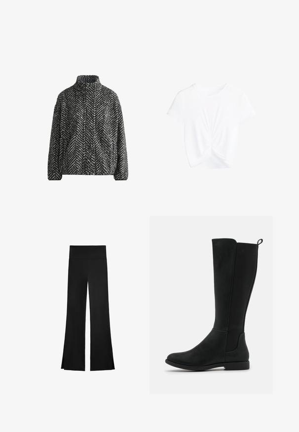 Svart och vit herringbone-mönstrad fleecejacka med hög krage och långa ärmar. Mjuk textur, löss passform och inga synliga knäppningar.; Vit kortärmad t-shirt med en knutdetalj i mitten fram, tillverkad av slät tyg, med rundad halsringning och kort design.; Svarta byxor med en vid design, utrustade med hög midja och sidofickor för ökad rörelsefrihet. Tillverkade av ett mjukt, stretchigt tyg.; Knähöga svarta stövlar i läderimitation med slät yta, elastiska sidopaneler och en låg, platt sula för komfort.