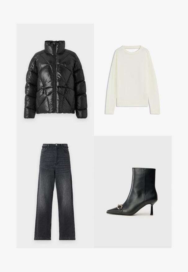 Schwarze Pufferjacke mit hohem Kragen, Reißverschluss und geometrischem Steppmuster. Mit elastischen Kordelzügen am Saum und einem Logoakzent.; Hellbeige Pullover mit Rundhalsausschnitt, langen Ärmeln, geripptem Saum und weicher Textur. Keine Muster oder sichtbaren Hardware-Details.; Schwarze Denim-Weitbeinjeans mit hoher Taille, ausgestattet mit einem Knopfverschluss, fünf Taschen und dezentem Verblassen entlang der Beine.; Schwarze Leder-Stiefelette mit spitzer Zehe, schlankem, mittelhohem Absatz und silberner Schnalle seitlich vor einem schlichten Hintergrund.