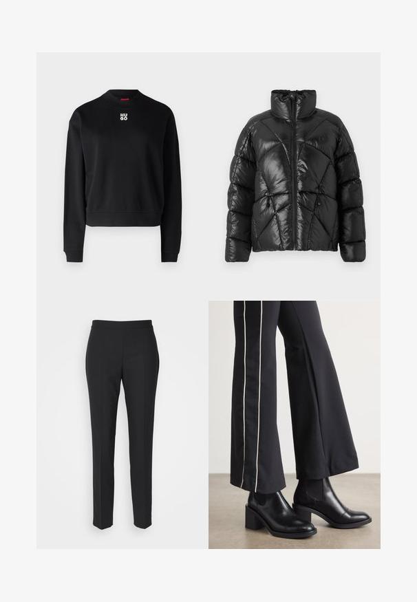 Juodas pūkinis džinsas su aukštu apykakle, užtrauktuku ir geometriniu siuvinėjimu. Savyje turi elastingas šnerves apatinėje dalyje ir logotipo akcentą.; Juodas džemperis, pagamintas iš minkštos medžiagos, su apvaliu kaklu ir raukinėtomis rankovėmis. Balta „HUGO“ logotipas centre ant krūtinės.; Juodos pritaikytos kelnės su lygiu tekstūru, siauru kirpimu ir plokščiu juosmeniu. Nėra matomų detalių; siūlės sukuria elegantišką siluetą.; Juodi odiniai auliniai batai su plataus bloko kulnu, turintys elastines šonines dalis. Sukomplektuoti su juodomis kelnėmis, turinčiomis baltą šoninės juostą.